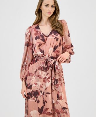 Women's Floral V-Neck Belted Midi Dress
