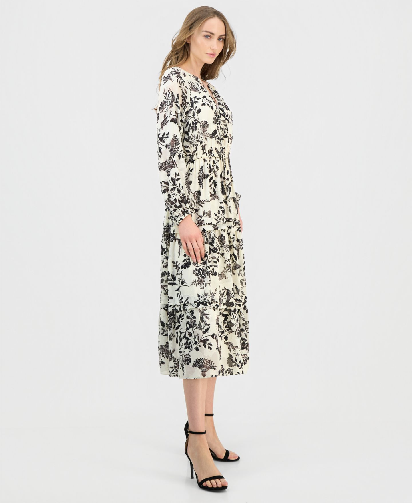 Женское платье Anne Klein Printed Tie-Neck Tiered Maxi, цвет: Белый разноцветный — фото 4
