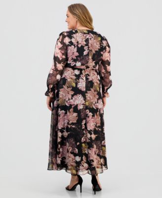 Plus Size V-Neck Belted Long-Sleeve Maxi Dress