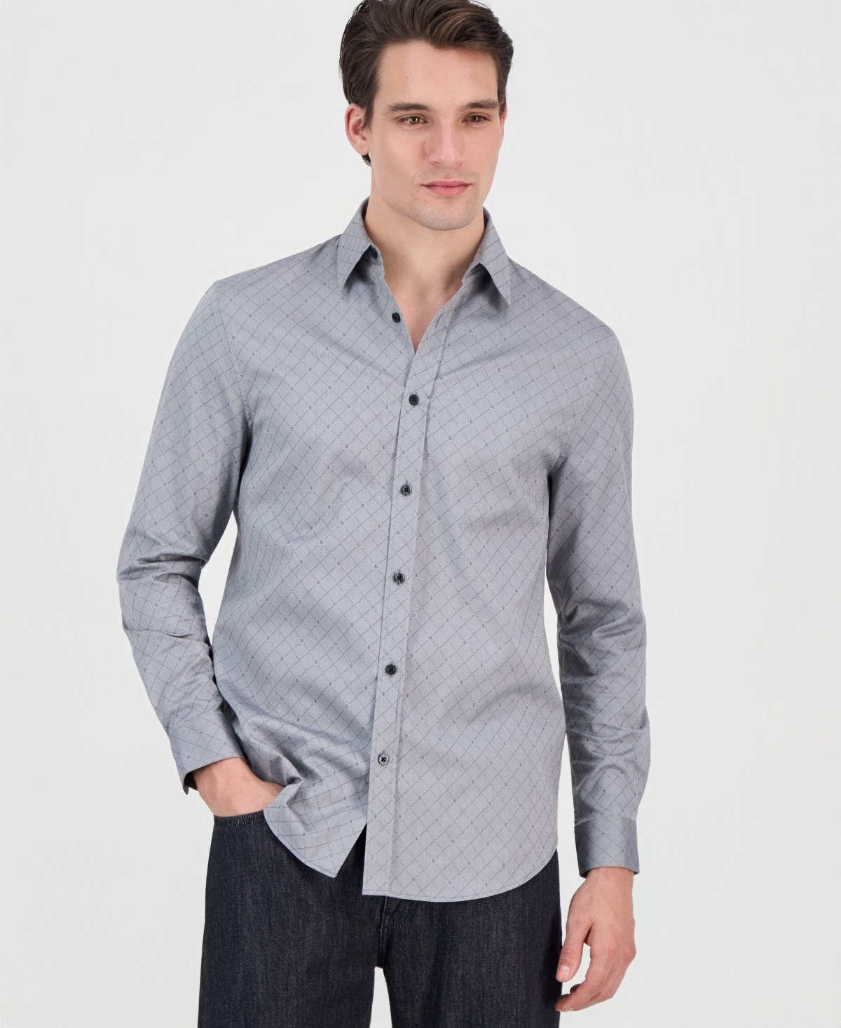 Guess Men's Rhombus Jacquard Long-Sleeve Button-Front Shirt