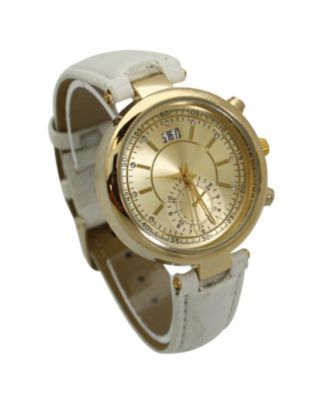 White Multicolored Gold Face Leather Strap Watch