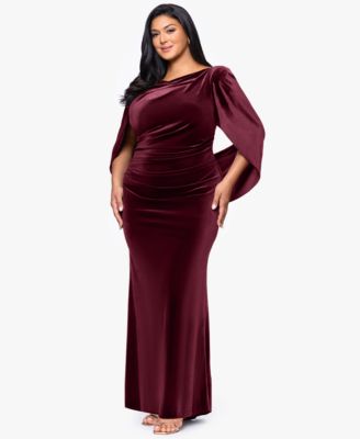 Plus Size Velvet Boat Neck Long Drape Back Gown