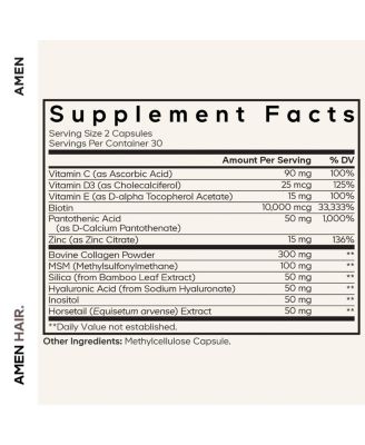 Amen Hair Vitamins - 10,000 mcg Biotin, Collagen Powder - Vitamin C, D3 & E, Pantothenic Acid, MSM, Zinc, Hyaluronic Acid, Inositol, 60 Capsules