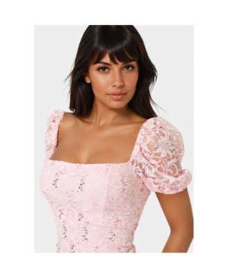 Women's Lace Slim Dress with Puff Sleeves