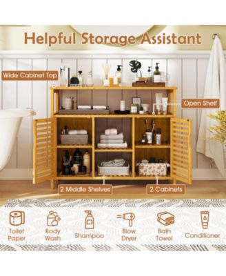 Bamboo Bathroom Cabinet 2-Door Storage Organizer w/ Shelves for Living Room
