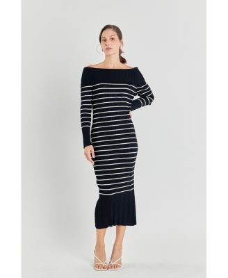 Women's Off Shoulder Fold Striped Maxi Dress