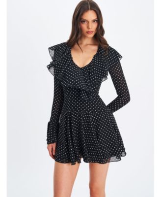 Women Omari Black Chiffon Polka Dot Ruffled Neckline Mini Dress