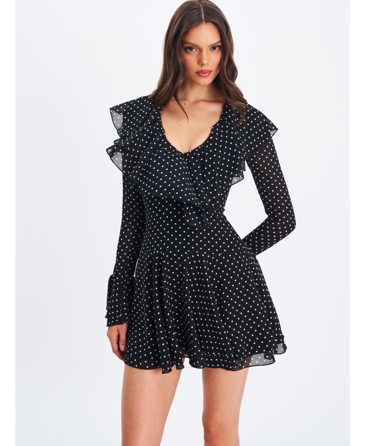 Miss Circle Women Omari Black Chiffon Polka Dot Ruffled Neckline Mini Dress
