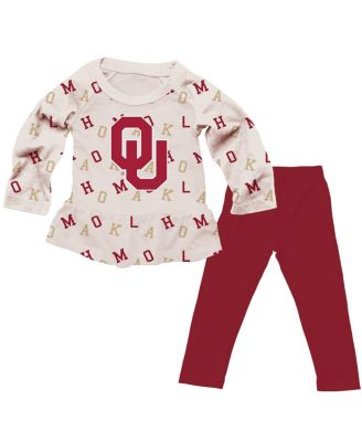Wes & Willy - Girls Toddler Oatmeal Oklahoma Sooners Ruffle Raglan Long Sleeve T-Shirt Leggings Set