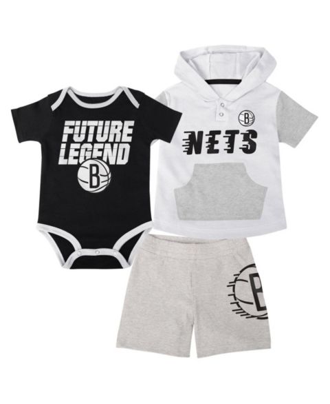 Outerstuff Baby Boys and Girls 3-Piece Black/White Brooklyn Nets Bank Shot Bodysuit, Hoodie, T-Shirt and Shorts Set