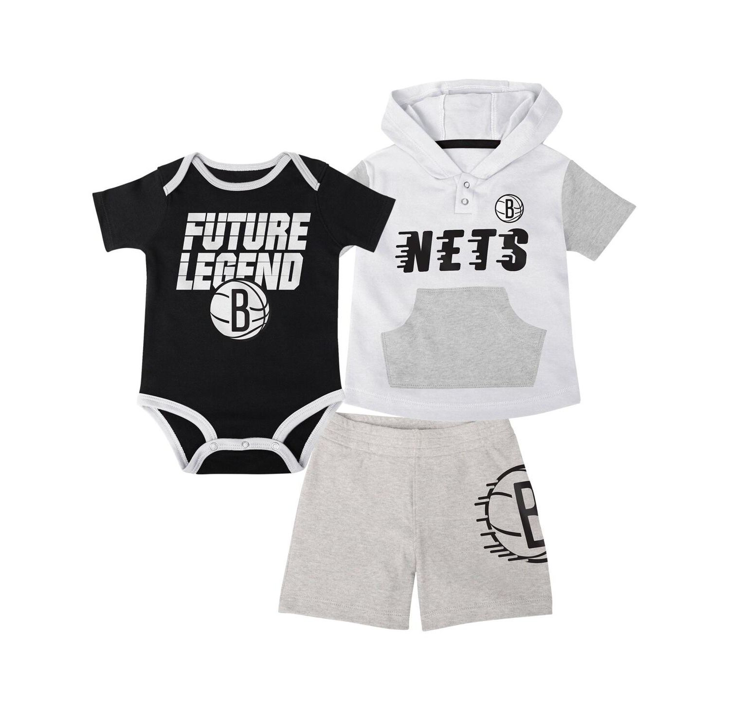 Baby Boys and Girls 3-Piece Black/White Brooklyn Nets Bank Shot Bodysuit, Hoodie, T-Shirt and Shorts Set