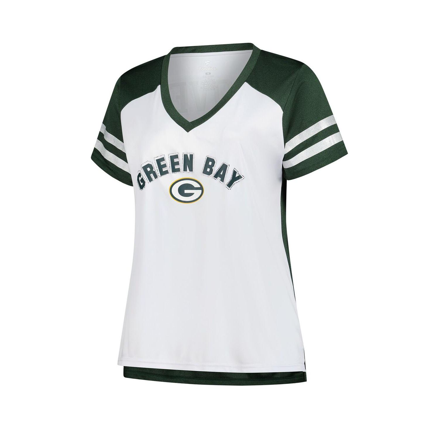 Women's Love White Green Bay Packers Plus Size Bling Raglan V-Neck T-Shirt