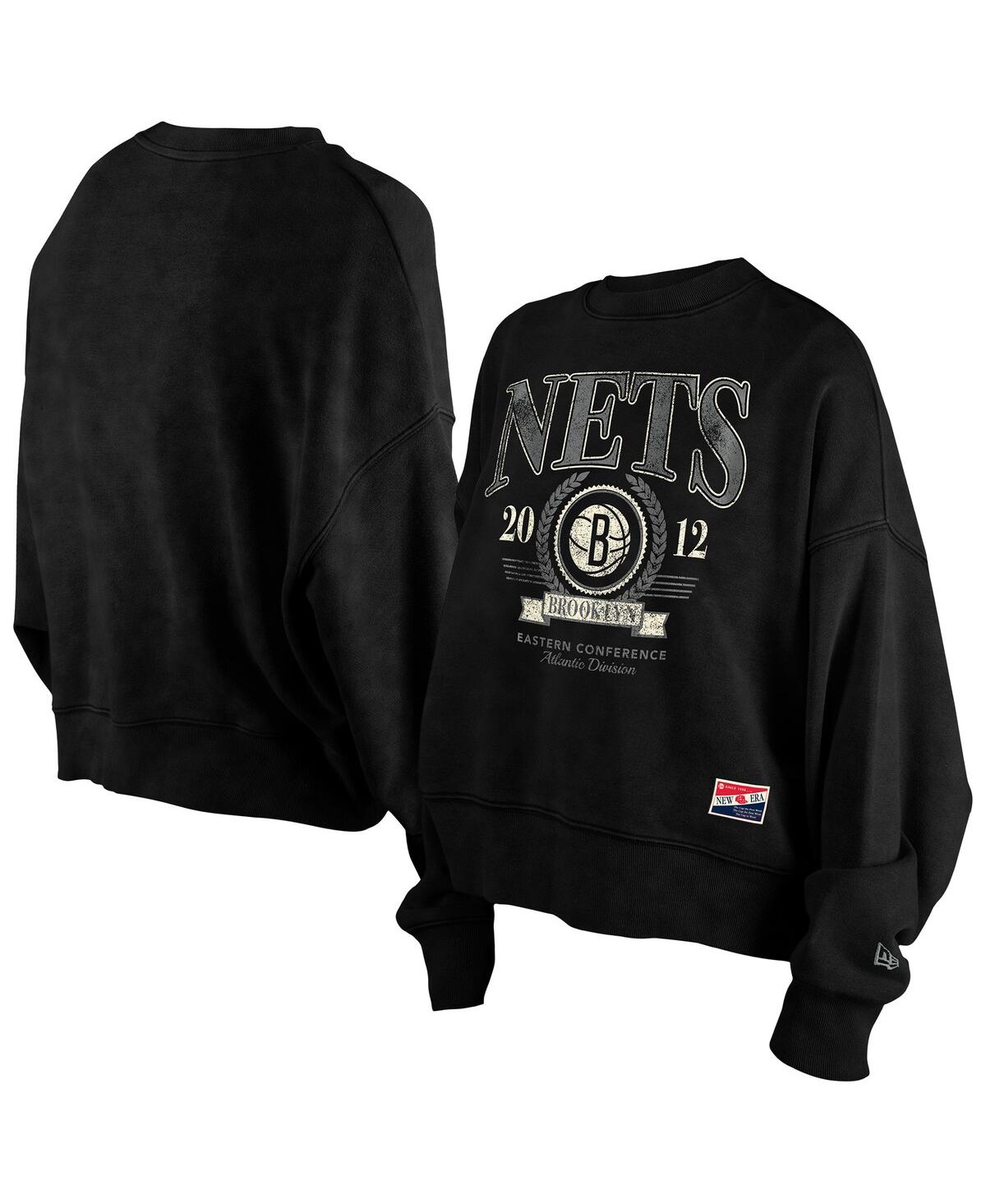 New Era Women's Black Brooklyn Nets Throwback Enzyme Wash Oversized Boxy Pullover Sweatshirt