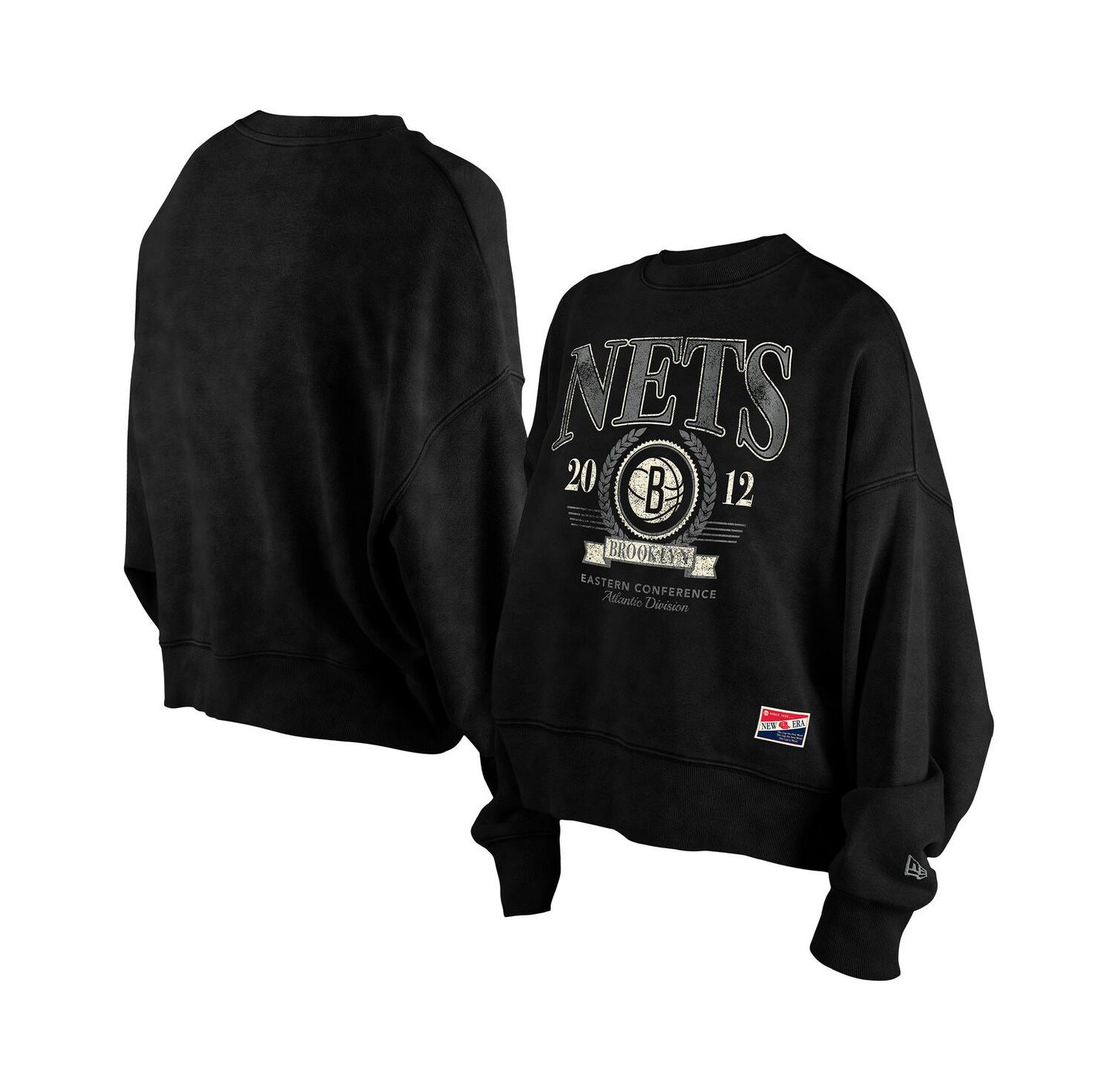 Women's Black Brooklyn Nets Throwback Enzyme Wash Oversized Boxy Pullover Sweatshirt