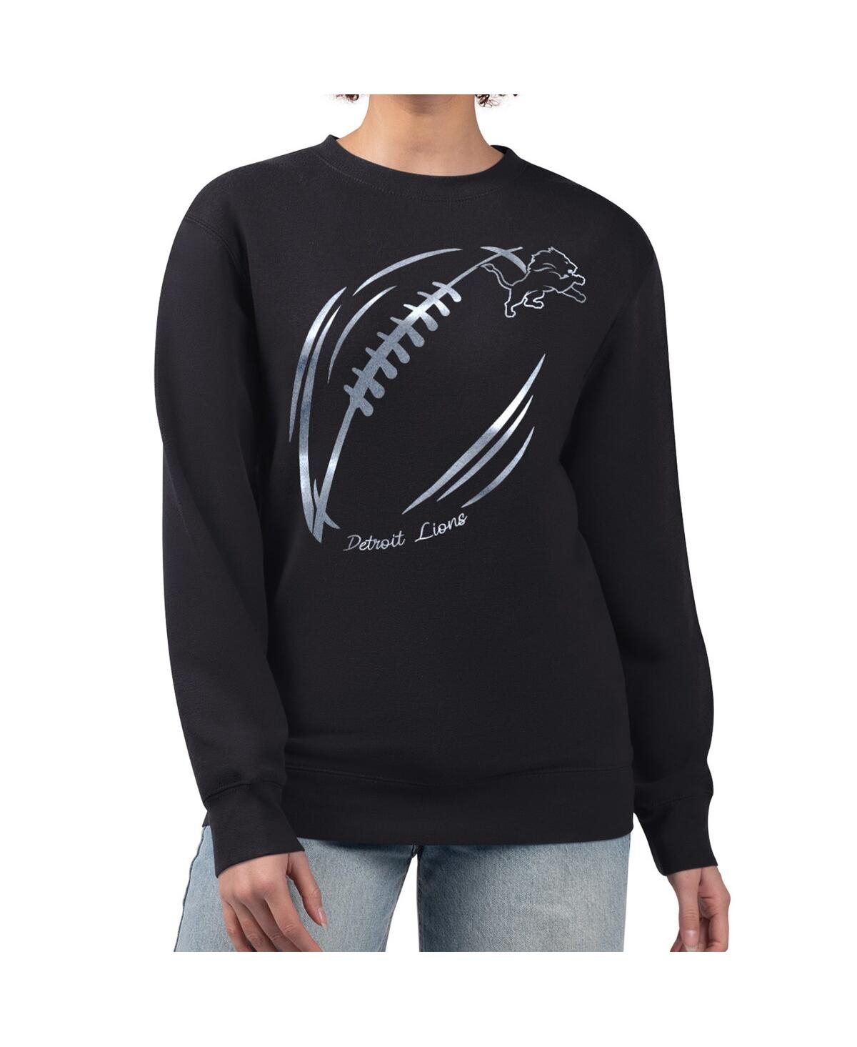 G-iii 4her By Carl Banks Women's Black Detroit Lions Metallic Print Football Sketch Fleece Crewneck Sweatshirt In Black