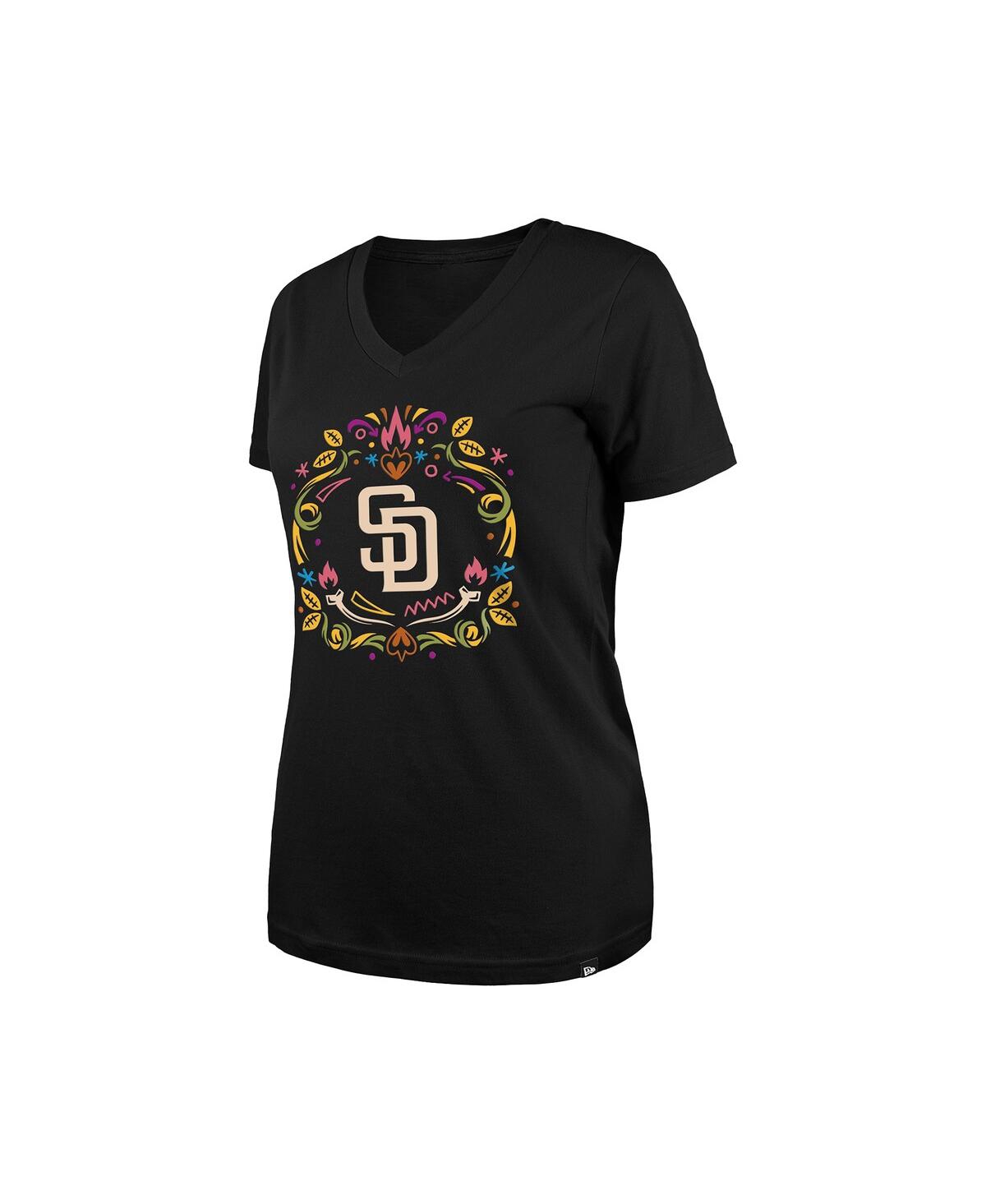 New Era Women's Black San Diego Padres Dia De Los Muertos V-neck T-shirt In Black