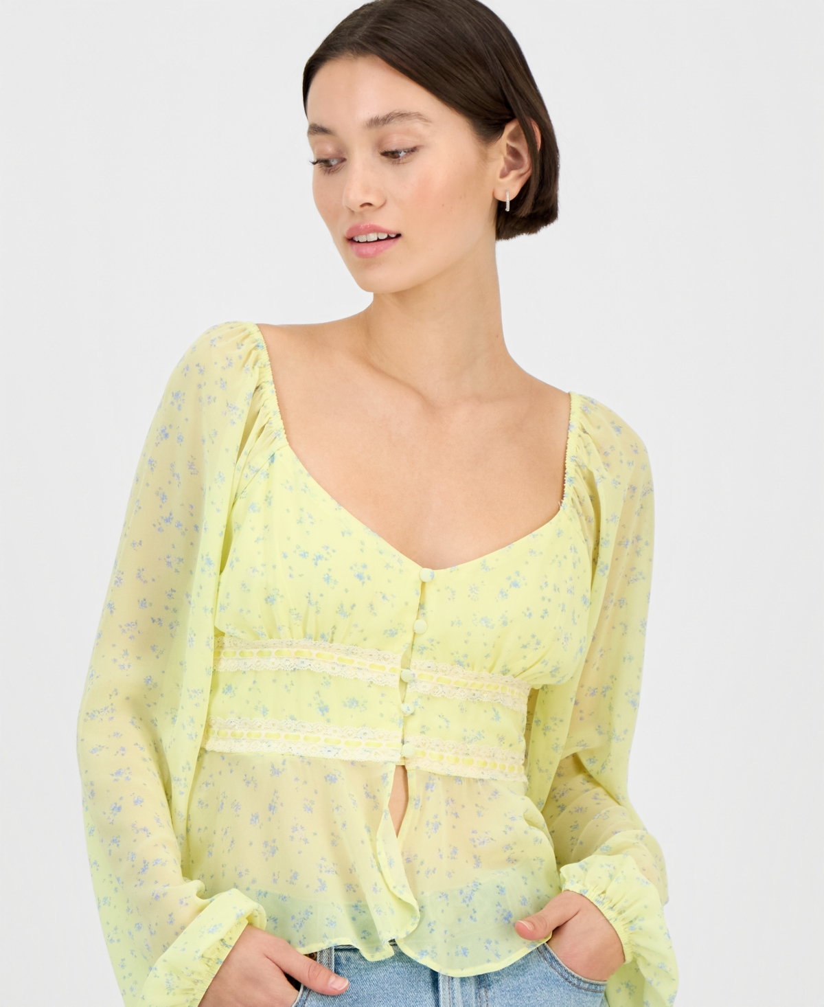 Derek Heart Juniors' Long Sleeve Button-front Blouse In Multi