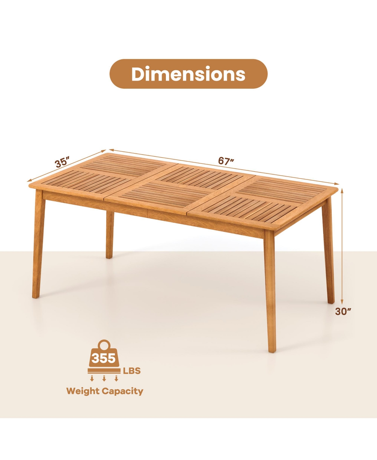 Gymax -Person Outdoor Acacia Wood Dining Table w/ 1.96'' Umbrella Hole Rectangular