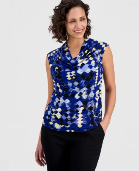 Women's Diamond Print Cowl Neck Top, Regular & Petite - Blue Multi