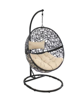 3pc Outdoor Resin Wicker Jackson Hanging Basket Egg Chair Swing with Cushions, Headrest, and Steel Stand Set