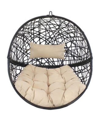 3pc Outdoor Resin Wicker Jackson Hanging Basket Egg Chair Swing with Cushions, Headrest, and Steel Stand Set