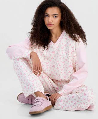 Tinseltown Juniors Pink Scuba V Neck Sweatshirt Joggers In Pink