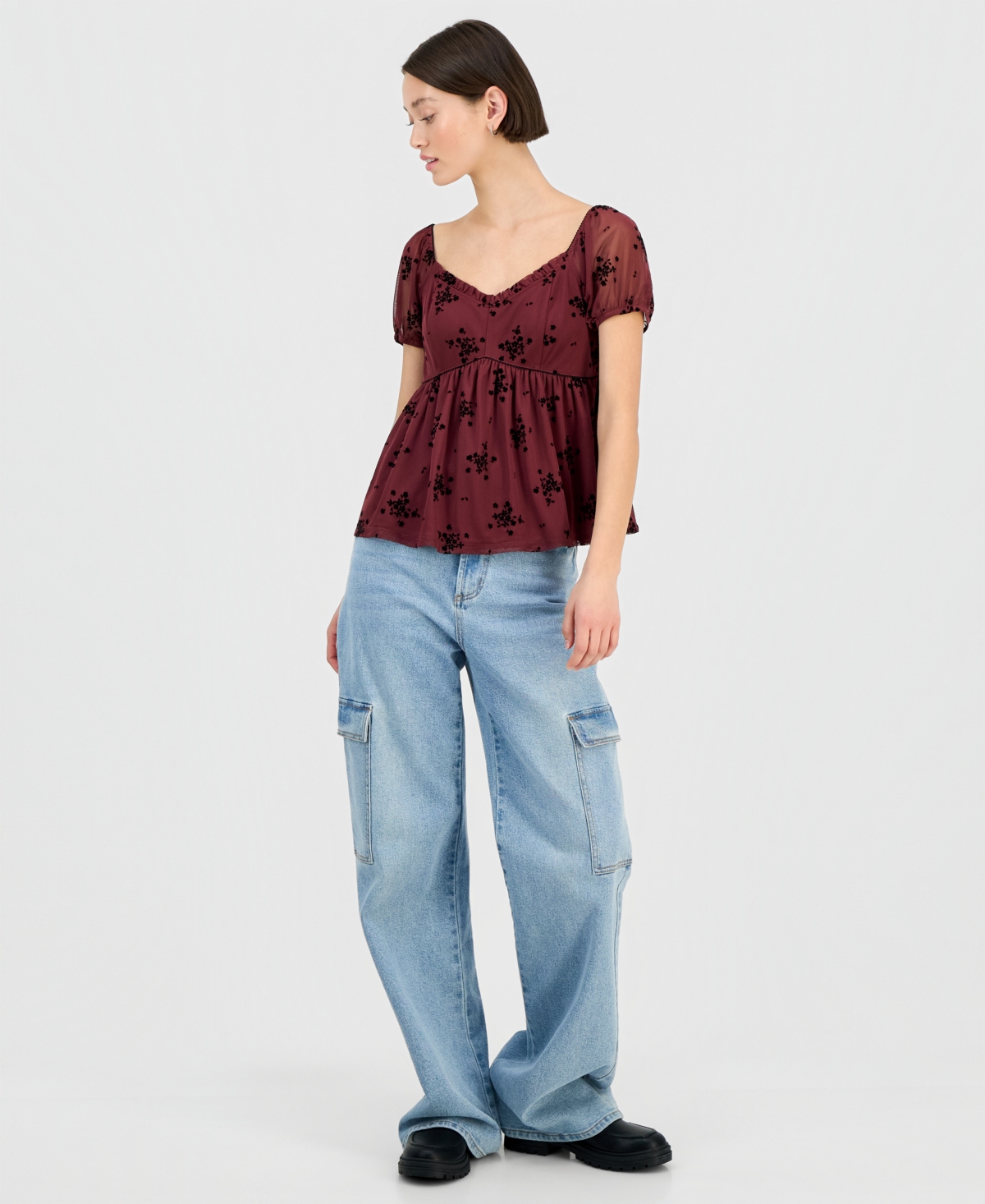 Self Esteem Juniors' Short-sleeve Flocked Babydoll Top In Red