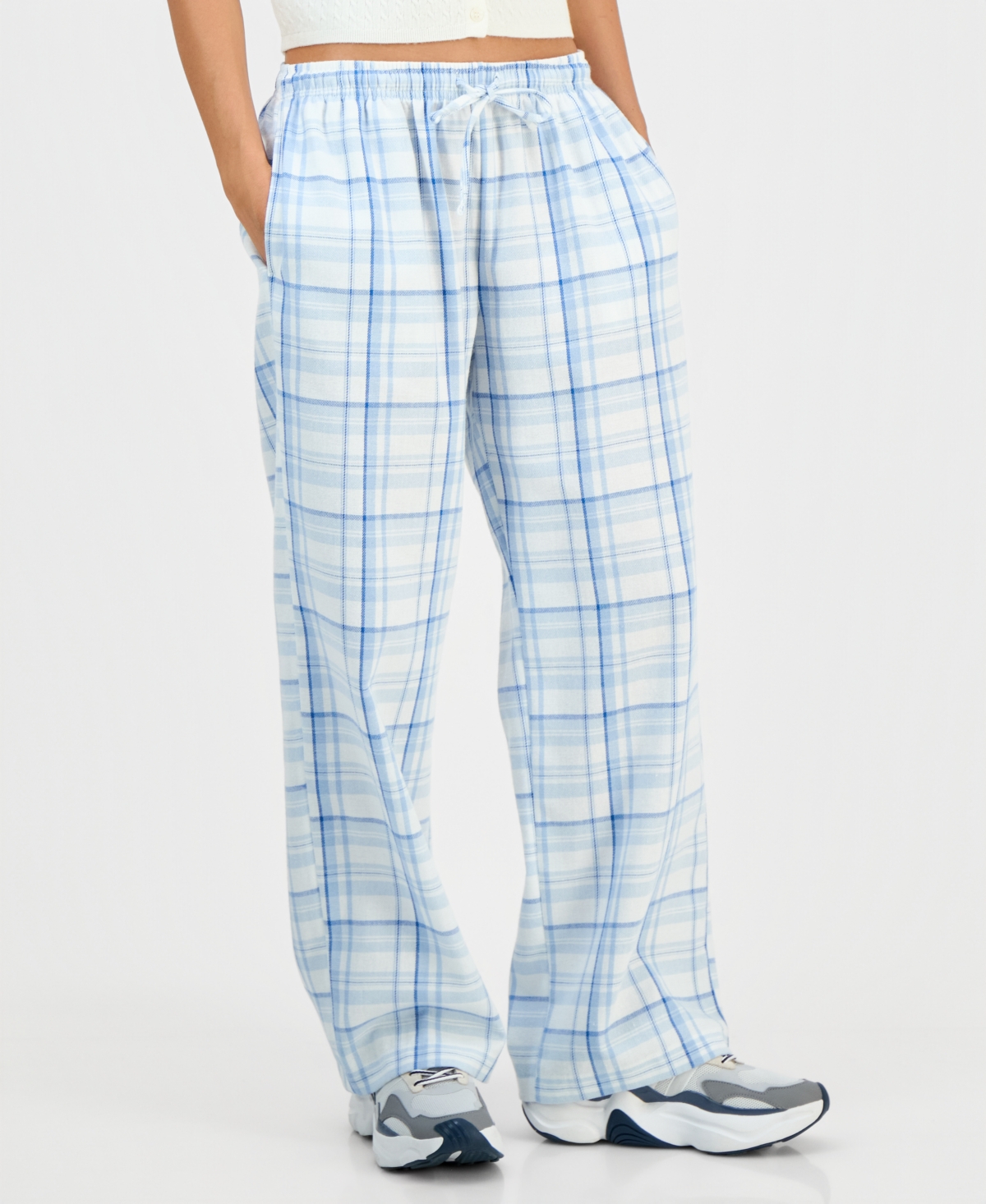 Self Esteem Juniors' Plaid-print Tie-waist Wide-leg Pants In Blue