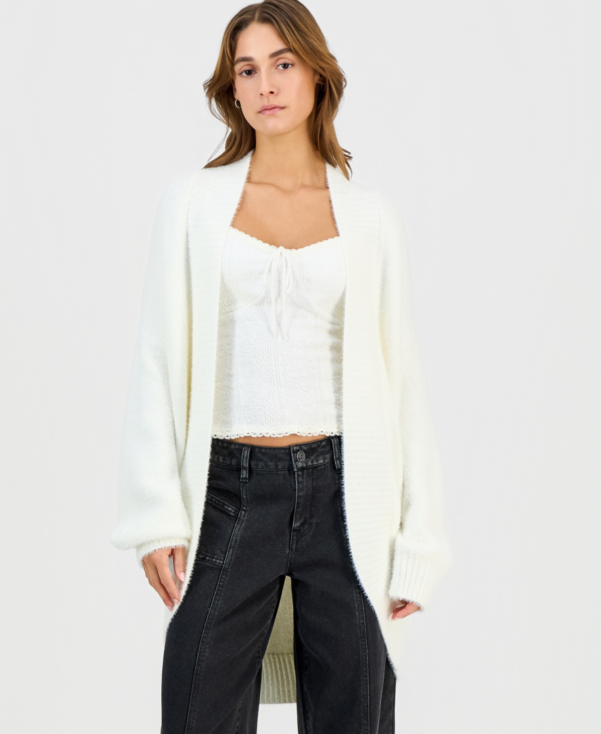 Hippie Rose Juniors' Open-front Eyelash Cardigan In White