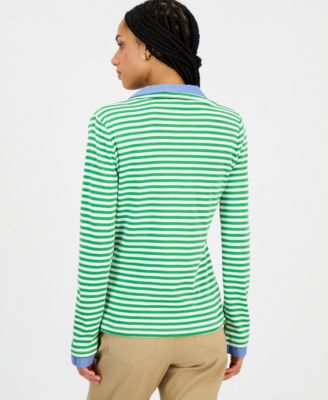 Women's Striped Double Collar Long Sleeve Cotton Shirt