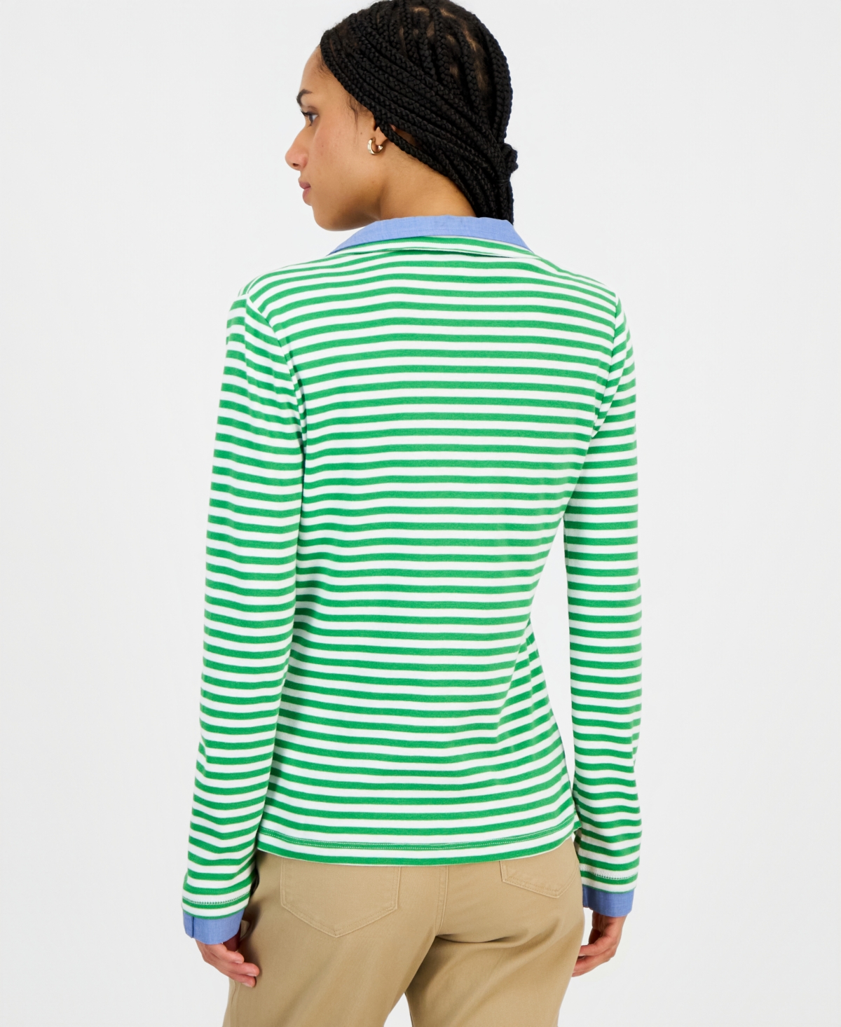 Nautica Women's Striped Double Collar Long Sleeve Cotton Shirt