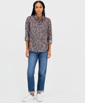 Women's Floral-Print Roll-Tab-Sleeve Cotton Shirt
