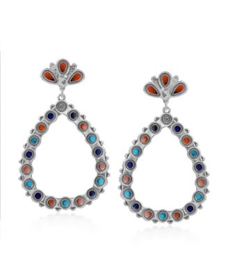 Sterling Silver Orange Spiny Oyster, Turquoise and Lapis Teardrop Post Back Earrings