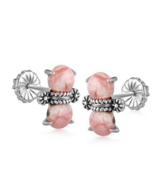 Sterling Silver Round Rhodochrosite Concha Stud Earrings