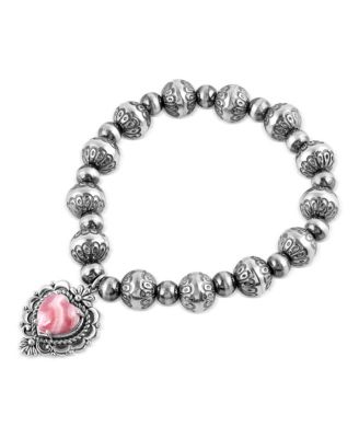 Sterling Silver Rhodochrosite Heart Charm Bead Bracelet, Size Small to Medium