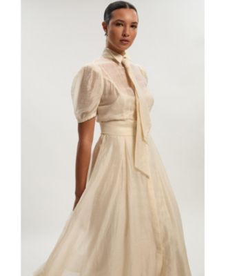 Women's Organdie Tie Neck Woven Midi Dress