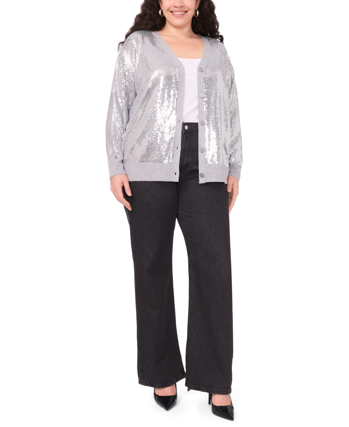 Vince Camuto Plus Size Sequined V-neck Cardigan Sweater In Gray