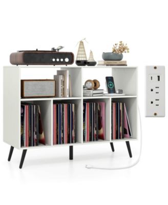 Large MDF Record Player Stand Cabinet with Built-In Power Outlet and Open Shelves
