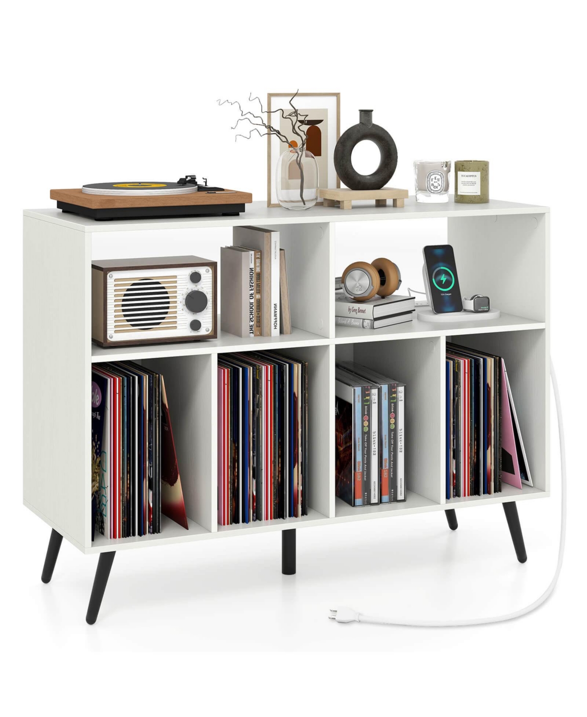 Costway Large Record Player Stand Cabinet with Built-in Power Outlet Open Shelves