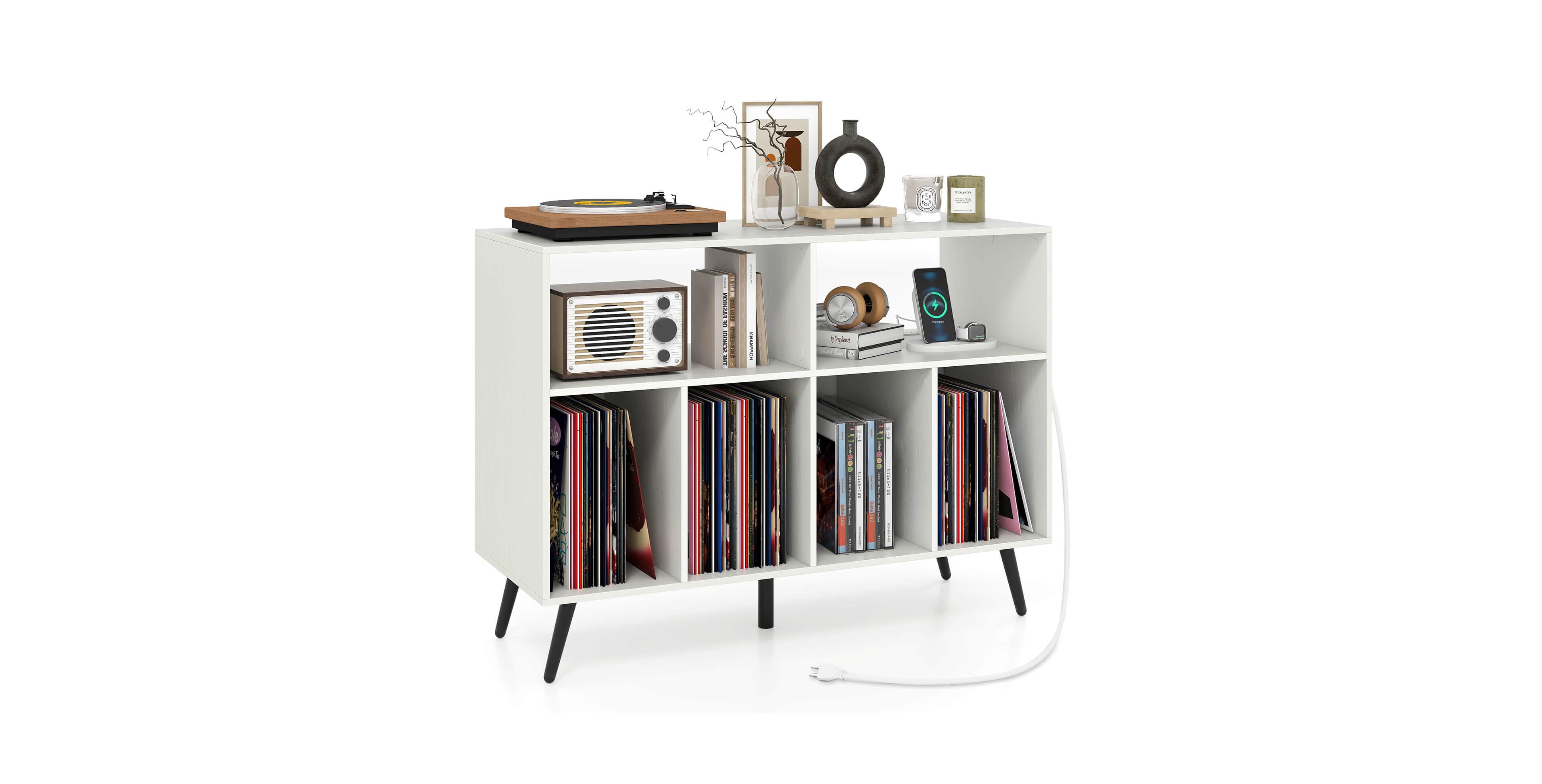 Costway Large Record Player Stand Cabinet with Built-in Power Outlet Open Shelves