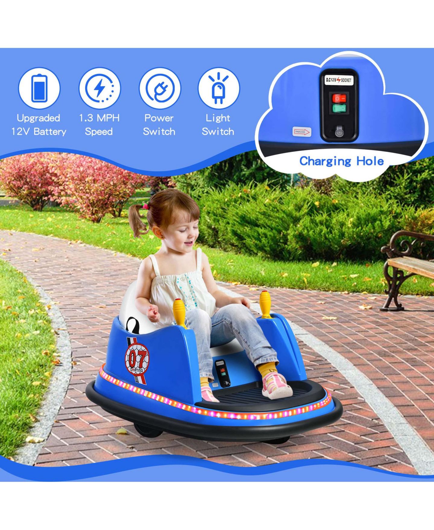 Детская игрушка Costway 12V 360° Spin Remote Control Ride-On Bumper Car, 44 lb. Capacity, Ages 2-5, цвет: Синий — фото 6