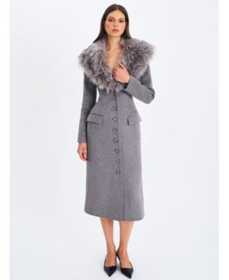Women's Faye Grey Wool Blend Single-Breasted Coat with Removable Faux Fur Collar