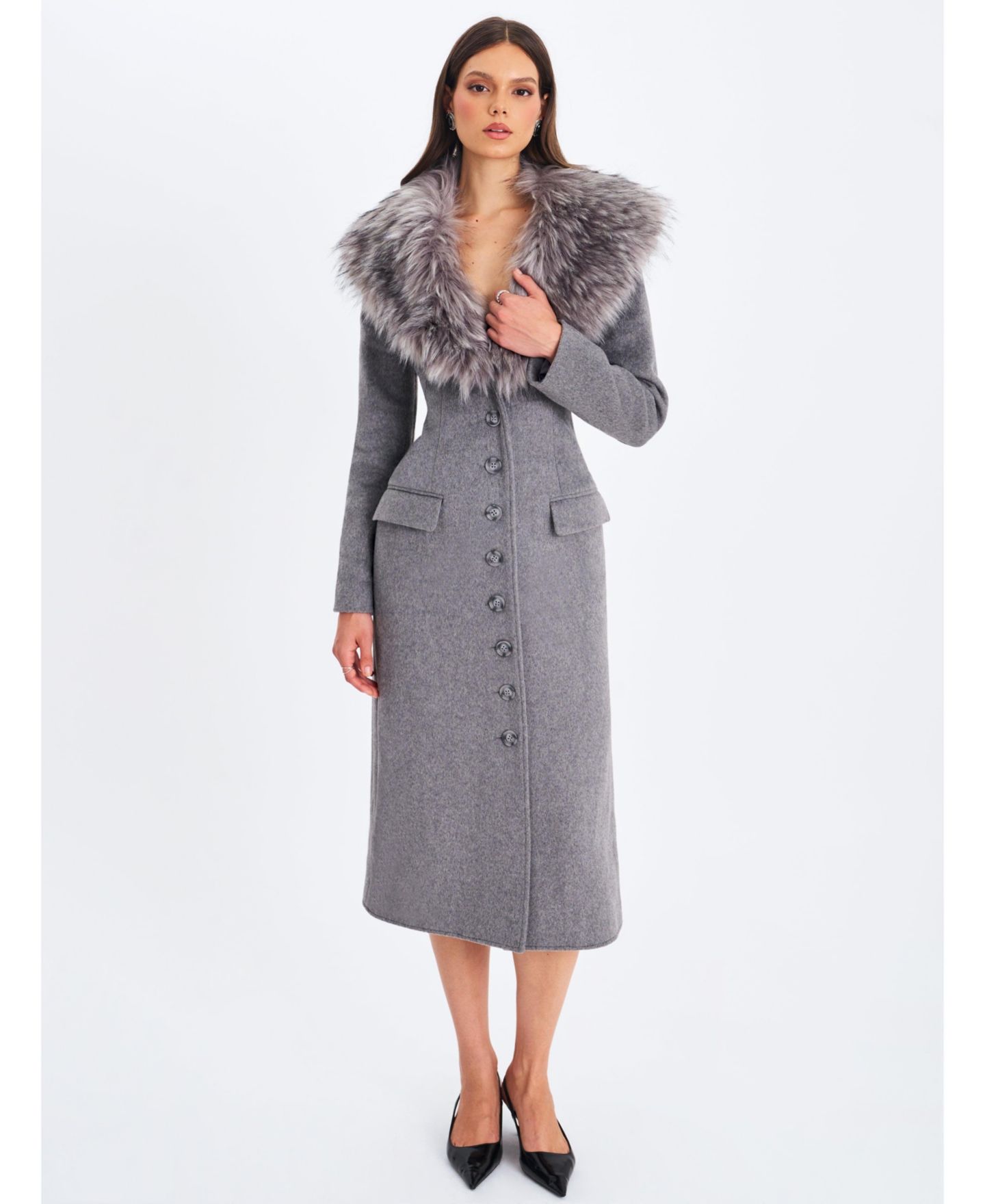 Женское пальто Miss Circle Faye Grey Wool Blend Single-Breasted Coat with Removable Faux Fur Collar, цвет: Серый — фото 3
