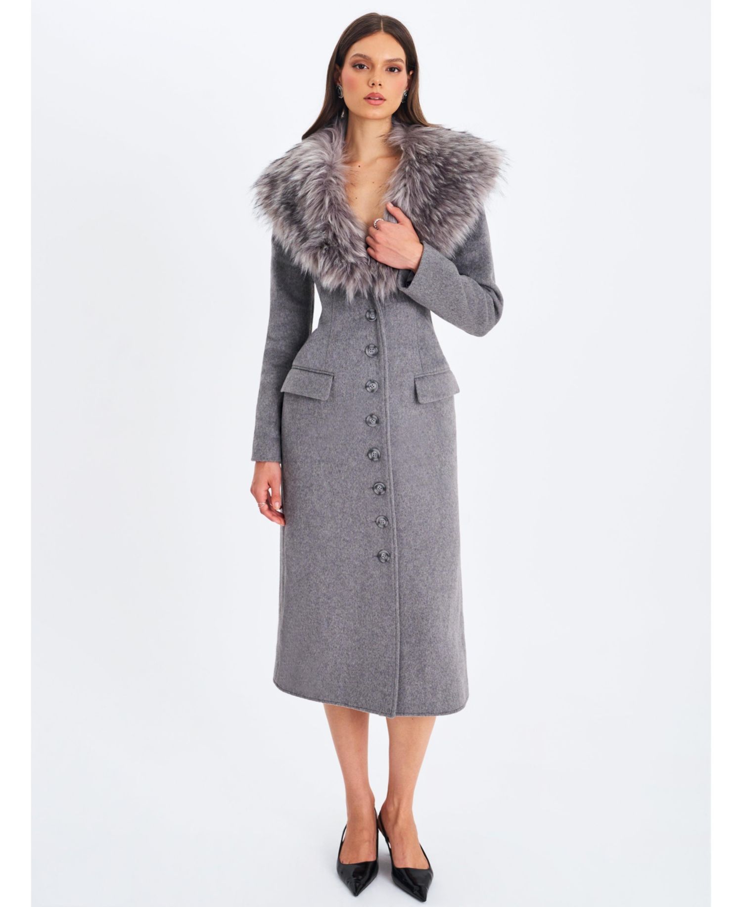 Women's Faye Grey Wool Blend Single-Breasted Coat with Removable Faux Fur Collar