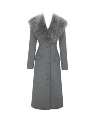 Women's Faye Grey Wool Blend Single-Breasted Coat with Removable Faux Fur Collar
