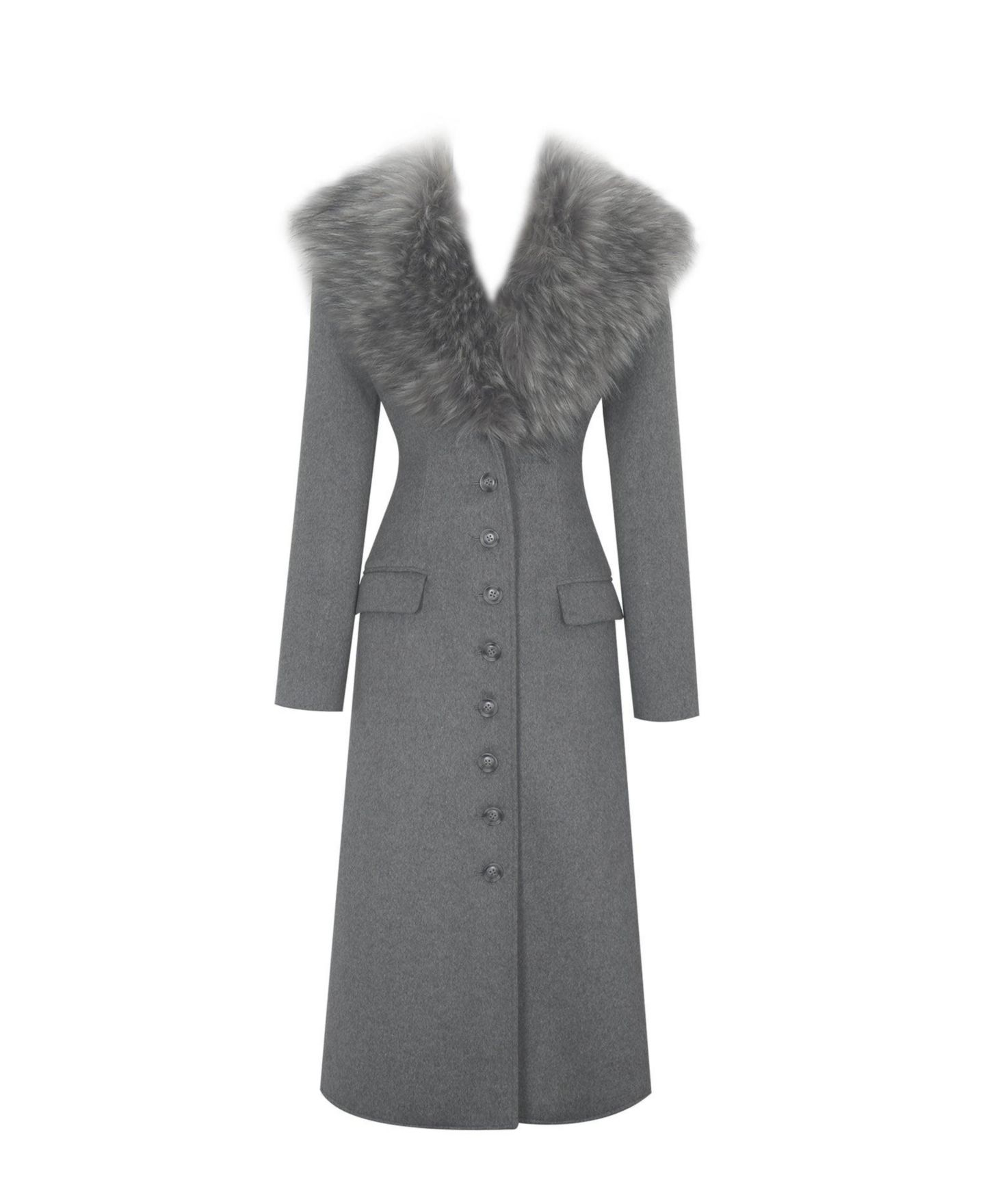 Женское пальто Miss Circle Faye Grey Wool Blend Single-Breasted Coat with Removable Faux Fur Collar, цвет: Серый — фото 7