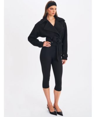Women's Dara Black Wool Blend Cropped Double-Breasted Belted Coat