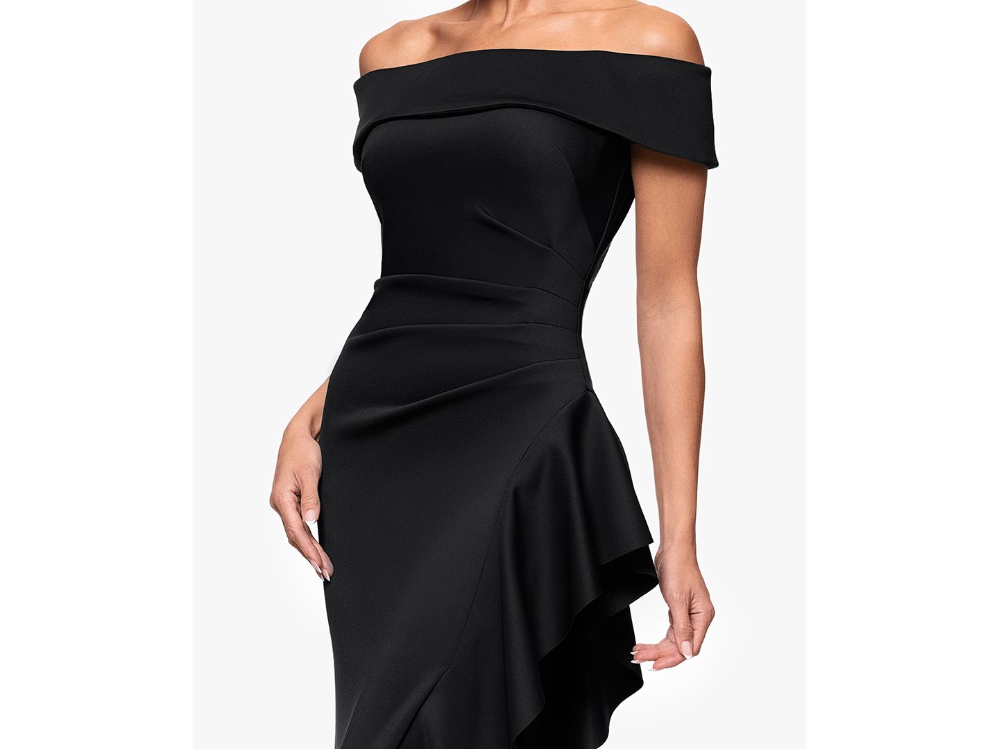 Женские платья XSCAPE Off-The-Shoulder Ruffled Side-Slit Gown, цвет: Чёрный — фото 3