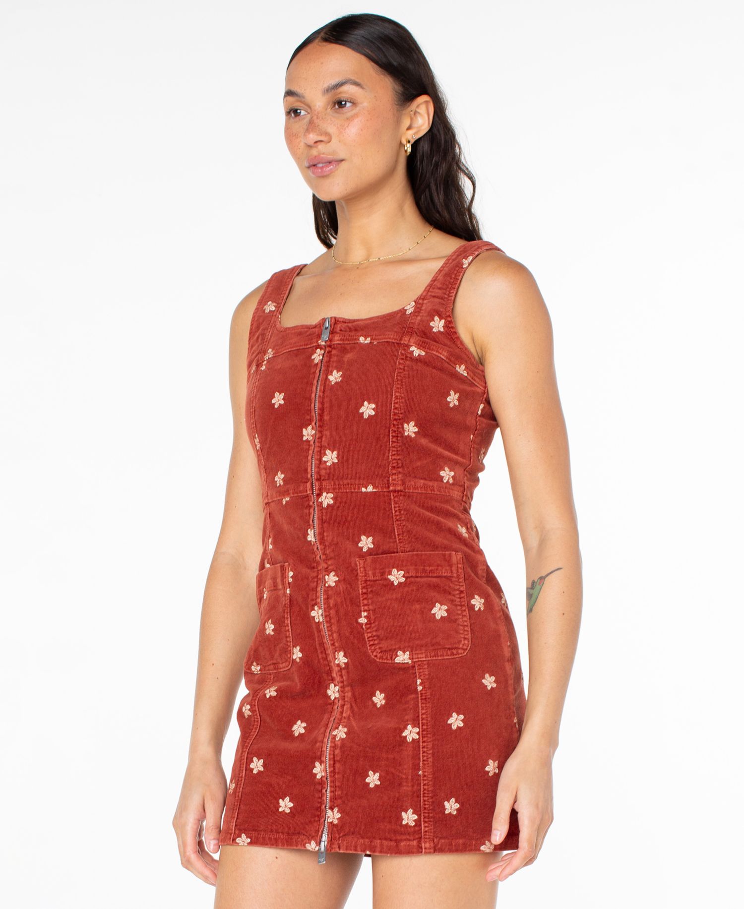 Women's Square Neck Sami Embroidered Corduroy Dress