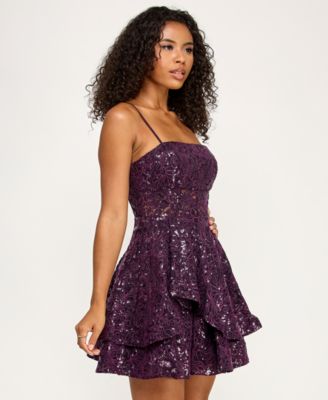 Junior's Sequined Lace Spaghetti Strap Square-Neck Dress